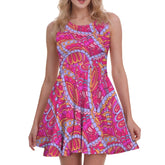 Vibrant Pink and Orange Palai Print Skater Dress with Bohemian Pattern - Retro Pleated Skirt Dress - Blissfully Brand